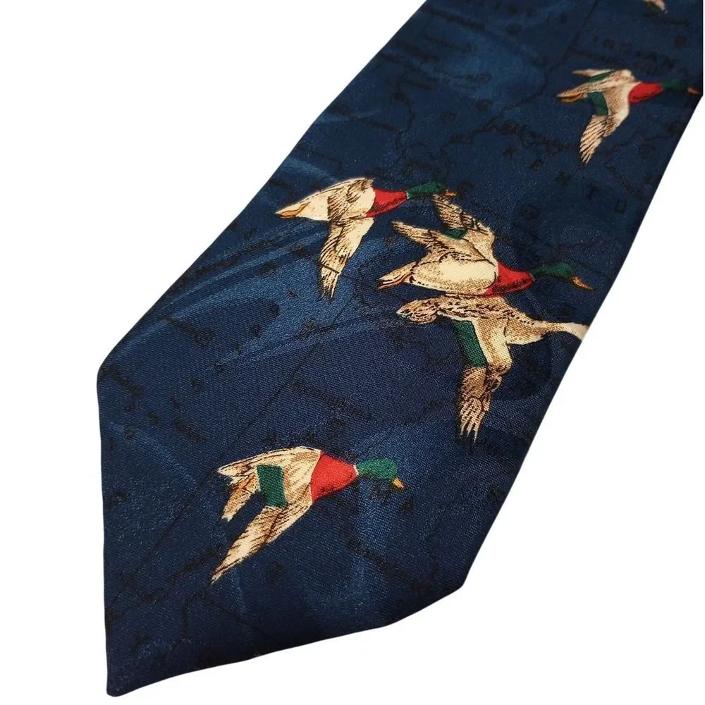 Waterfowl Mens Navy Blue Mallard Duck Map Print Silk Necktie Midwest Hunting Tie
